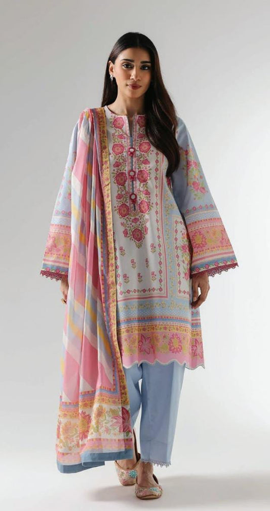 Light Blue |Ethnc 3pc Unstitched Doriya Lawn Suit