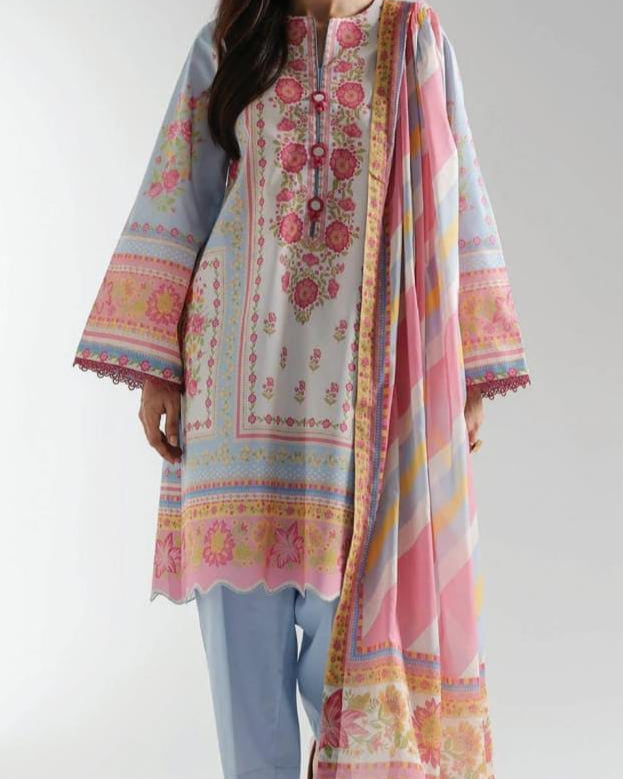 Light Blue |Ethnc 3pc Unstitched Doriya Lawn Suit