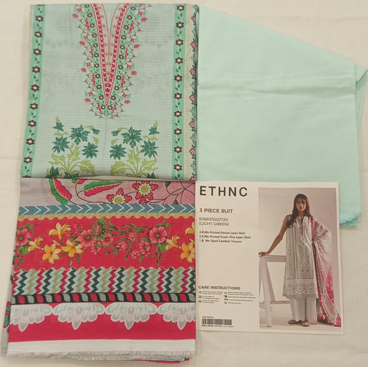 Light Green |Ethnc 3pc Unstitched Doriya Lawn Suit