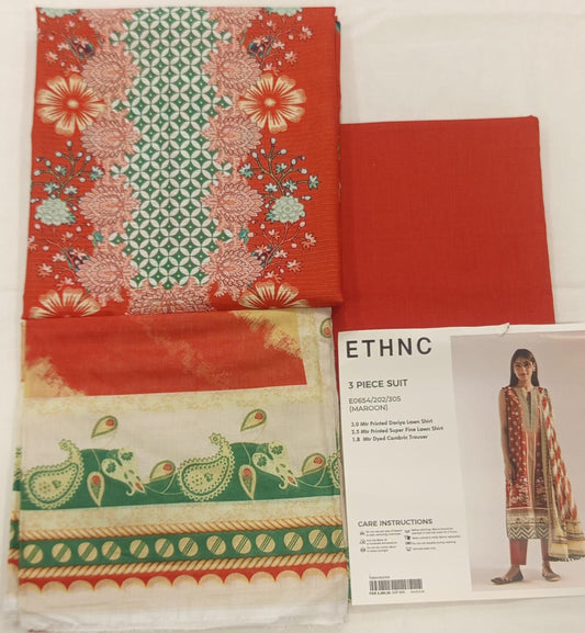 Maroon |Ethnc 3pc Unstitched Doriya Lawn Suit