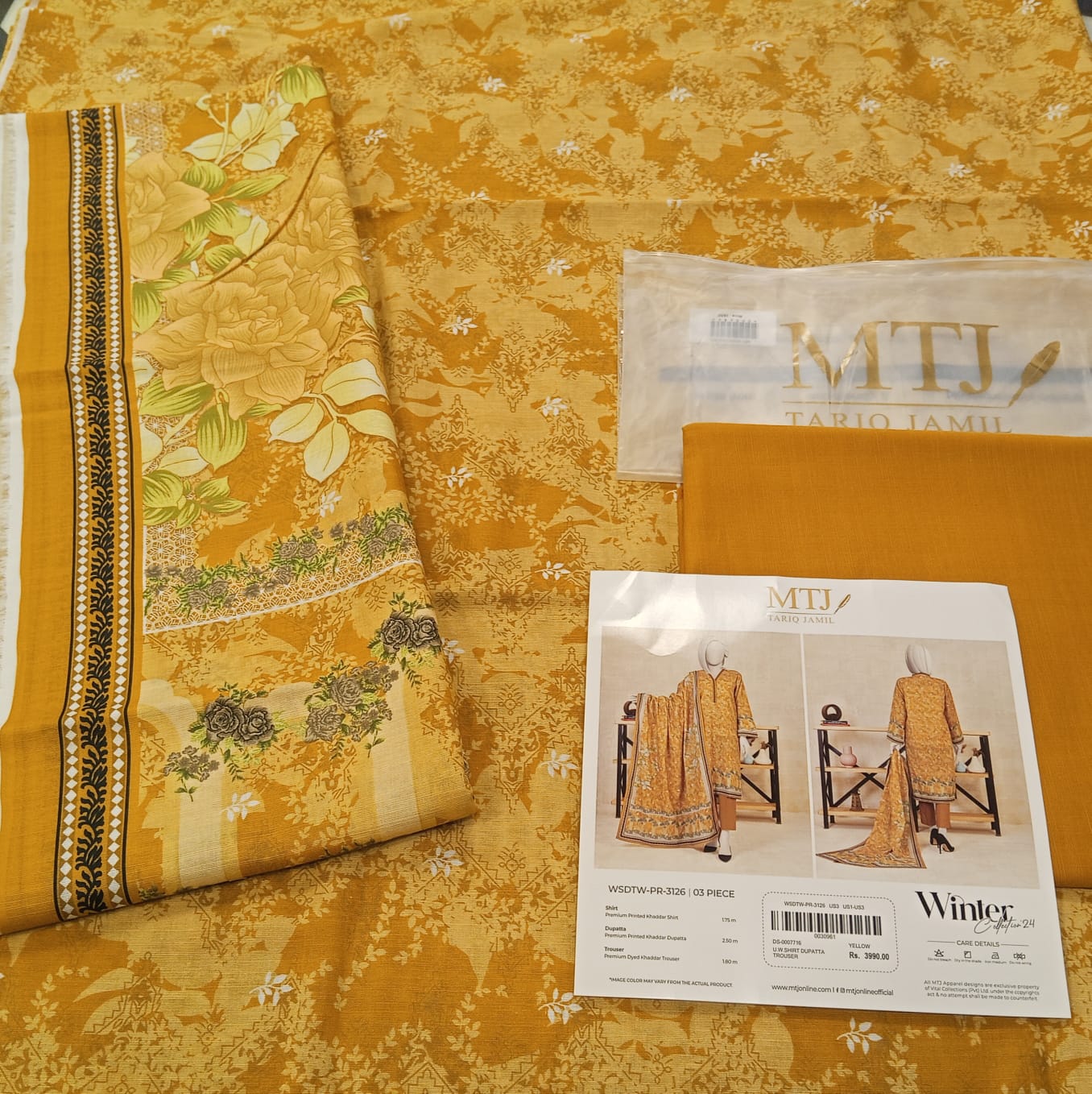 Yellow | Mtj-Tariq Jamil 3pc Unstitched Khaddar Suit