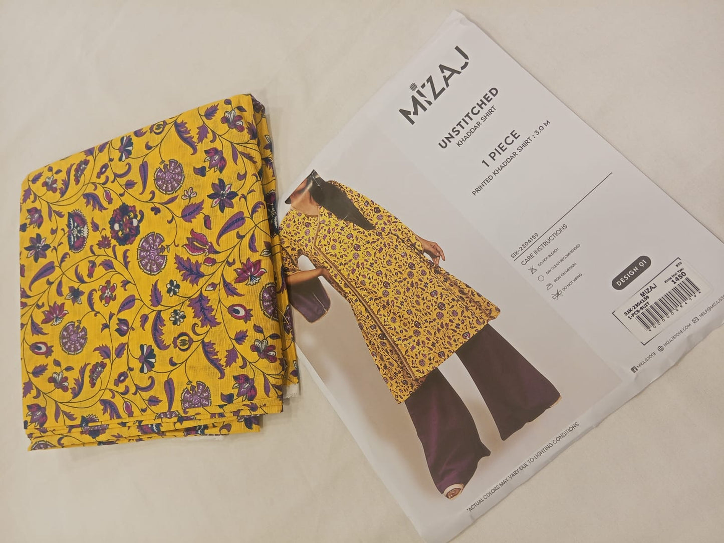 Mizaj 1pc Unstitched Khaddar Shirt | Yellow