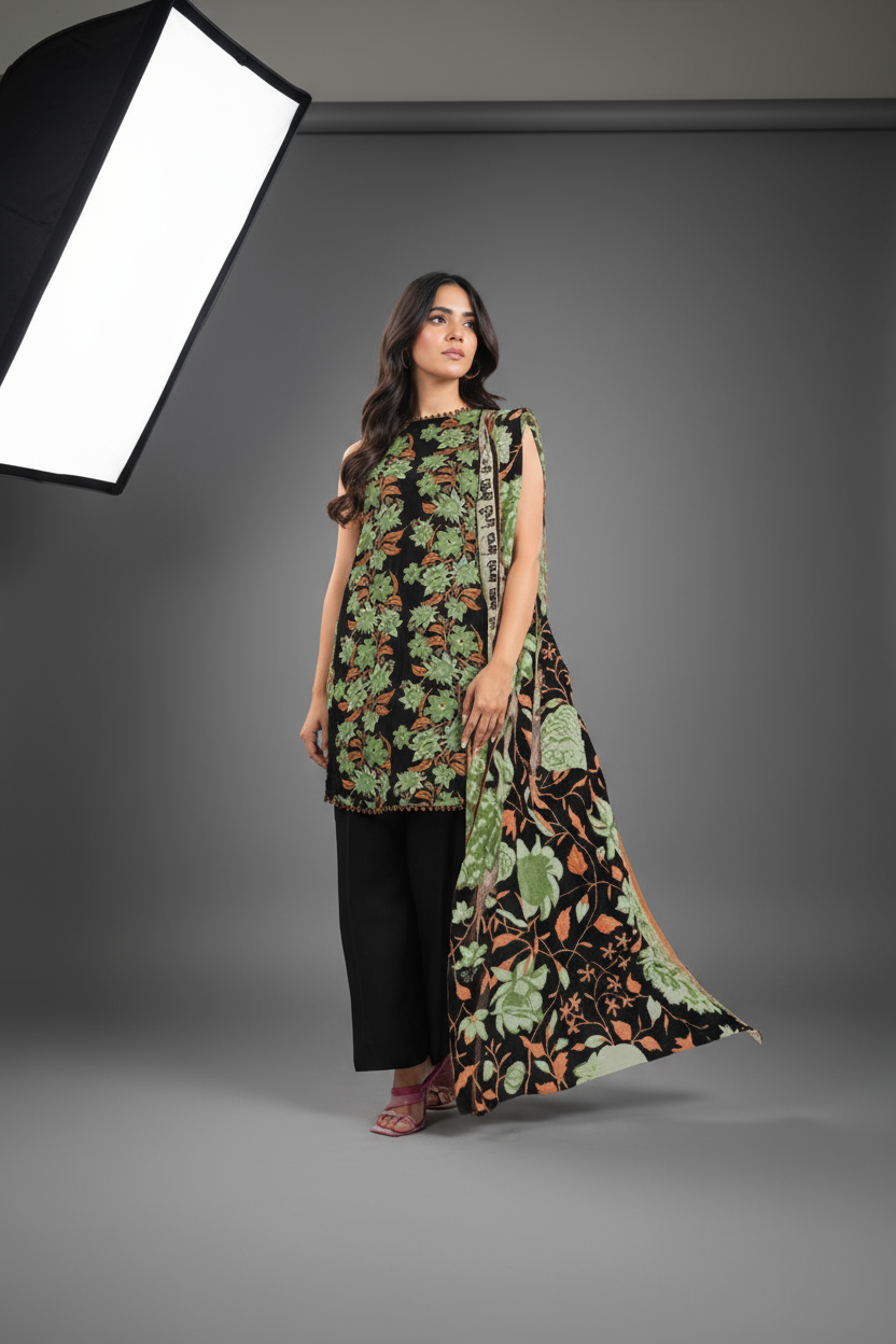Alkaram 3pc Unstitched Khaddar Suit | Black
