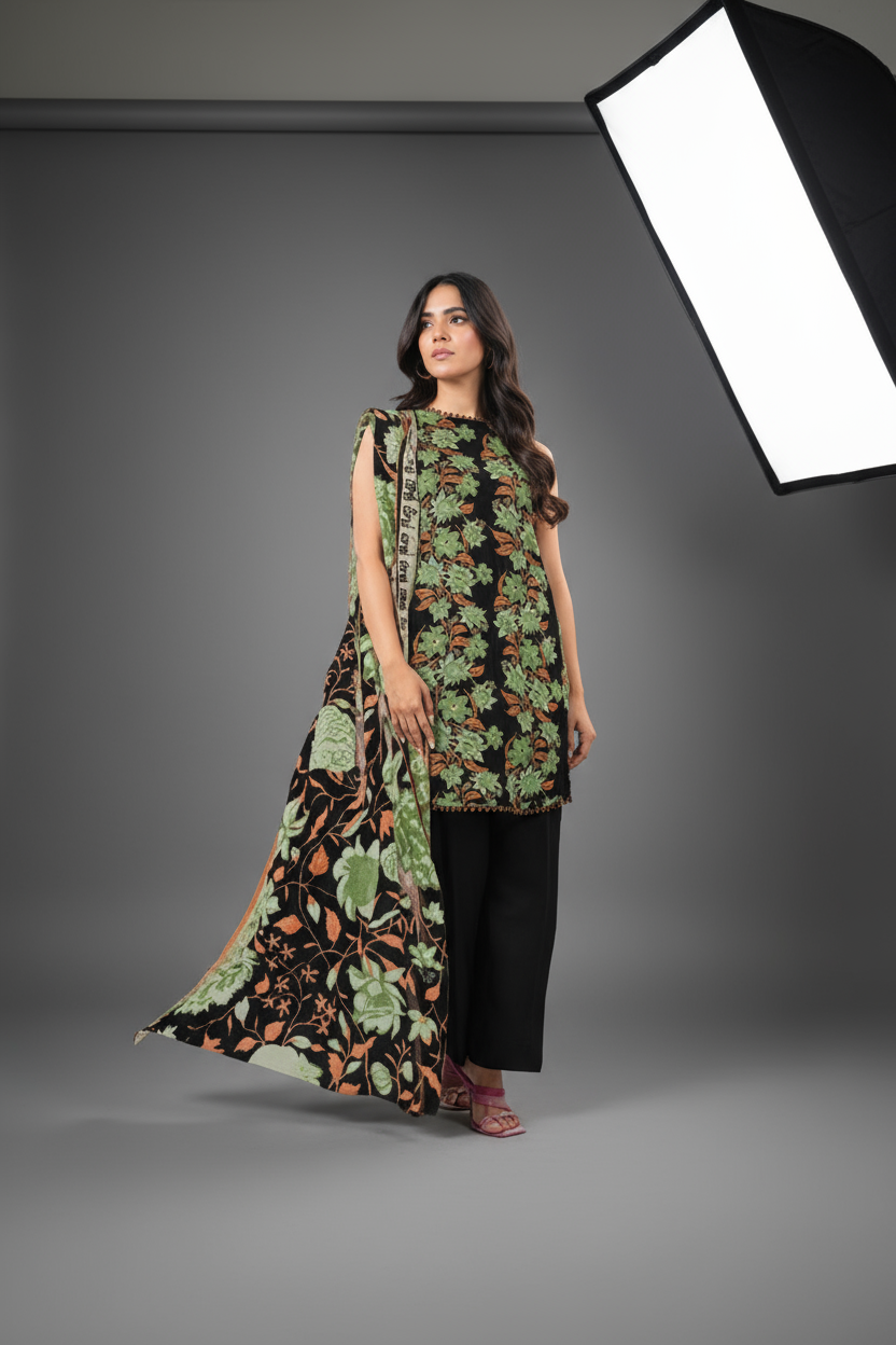 Alkaram 3pc Unstitched Khaddar Suit | Black