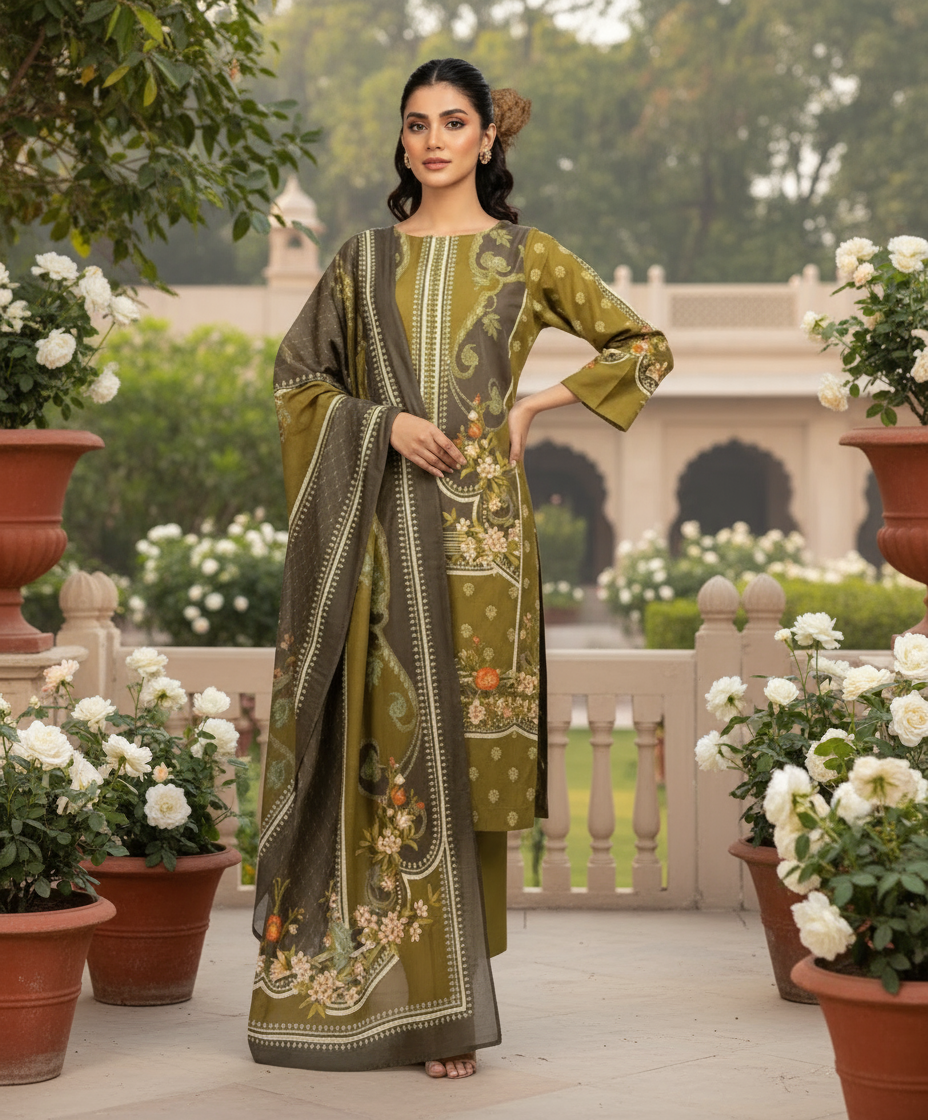 Gul Ahmed 3pc Unstitched Khaddar Suit | Mehndi