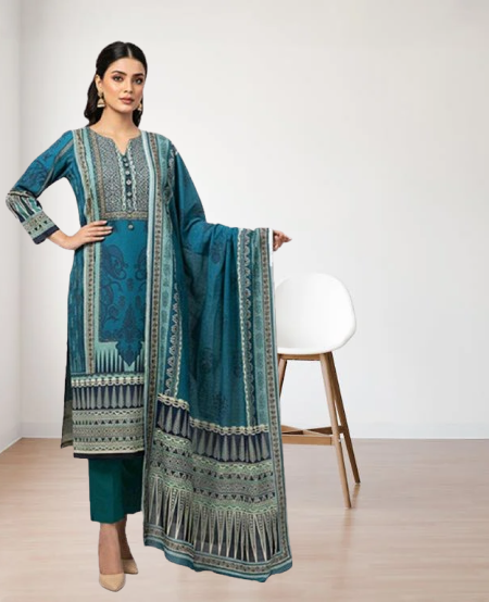 Gul Ahmed 3pc Unstitched Khaddar Suit | Petrol Blue