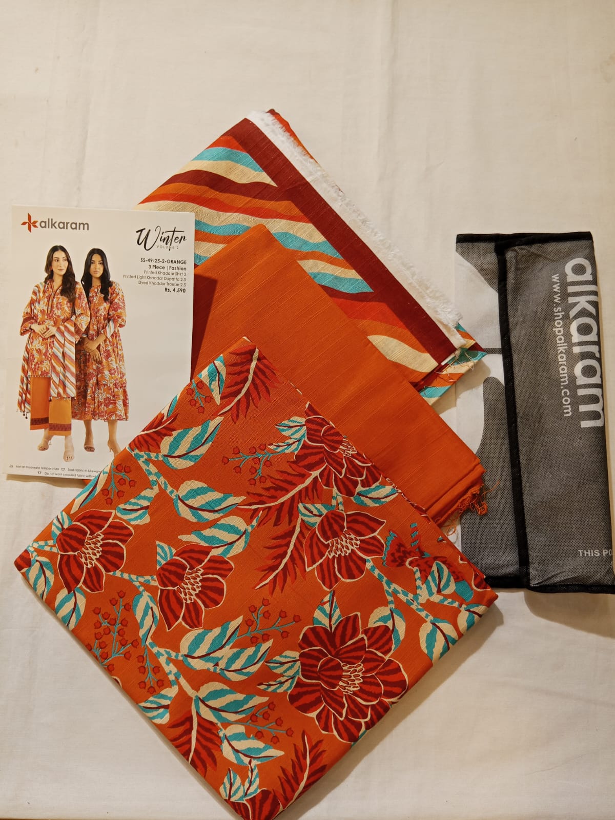 Alkaram 3pc Unstitched Khaddar Suit | Orange