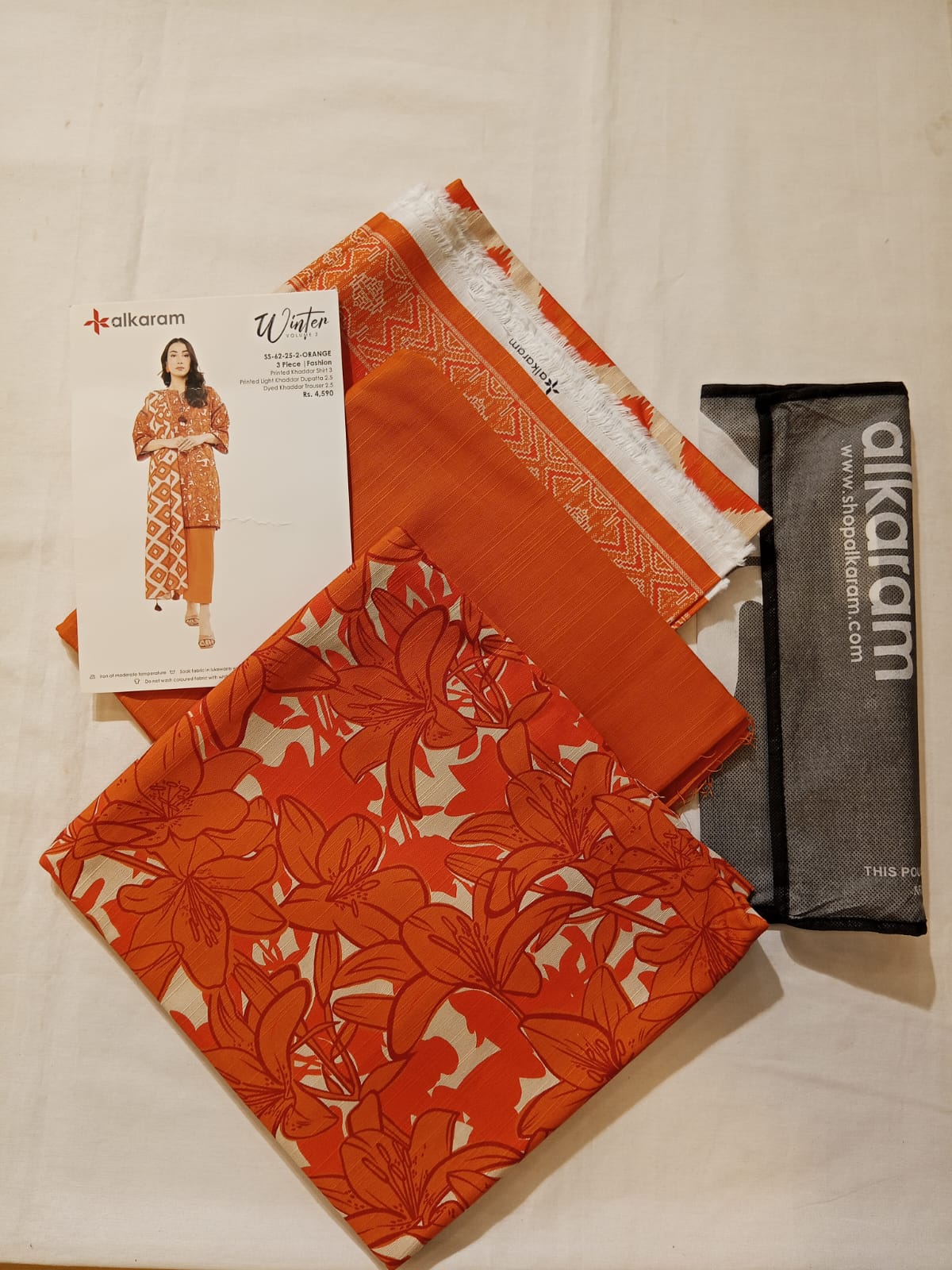 Alkaram 3pc Unstitched Khaddar Suit | Orange