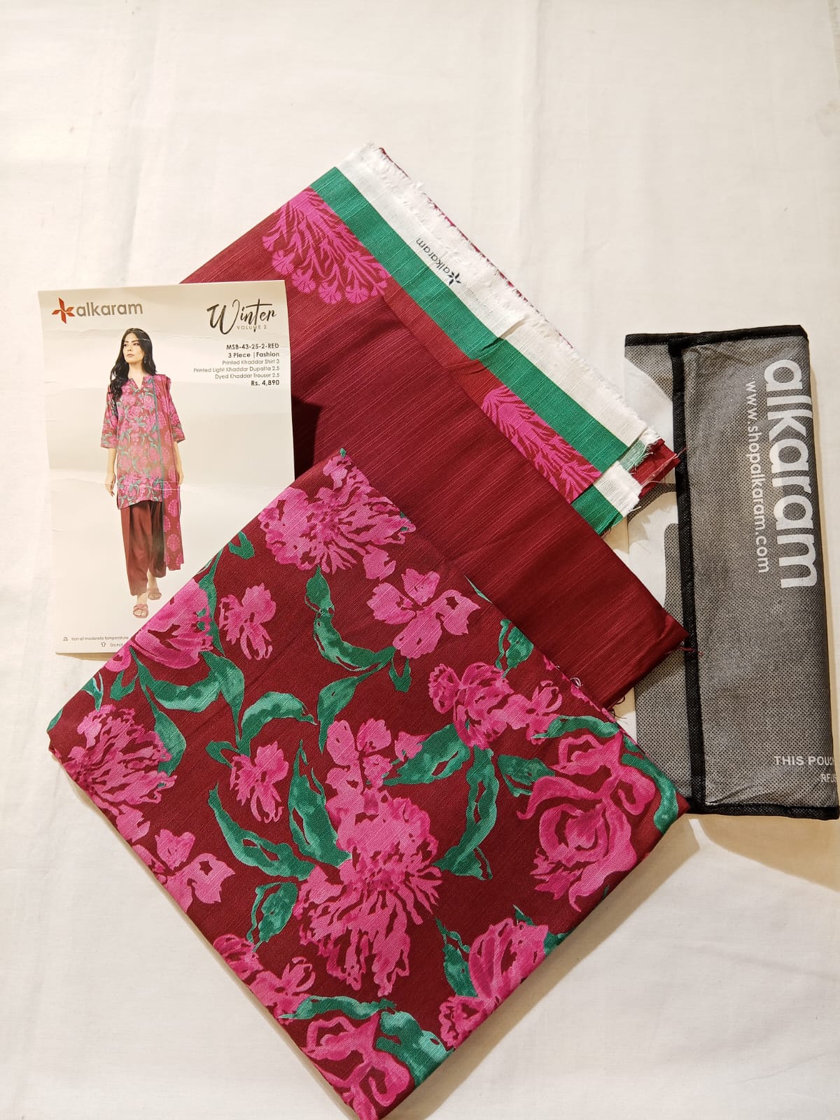 Alkaram 3pc Unstitched Khaddar Suit | Red