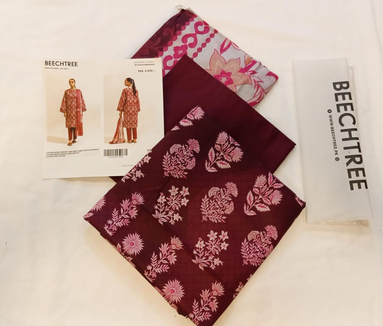 BeechTree 3 PIECE PRINTED LAWN SUIT-RASPBERRY SORBET (UNSTITCHED)