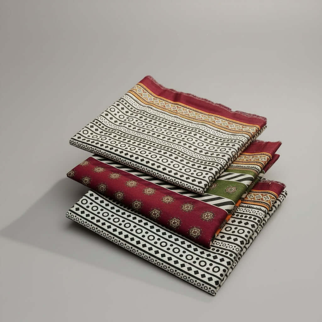 Three folded patterned fabric pieces with maroon, black, white, and green geometric and floral designs, arranged on a white faux-fur surface. A small white tag with a pink logo is attached to the lower fabric.