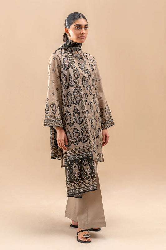 BeechTree 3 PIECE PRINTED LAWN SUIT-BEIGE VERVE (UNSTITCHED)