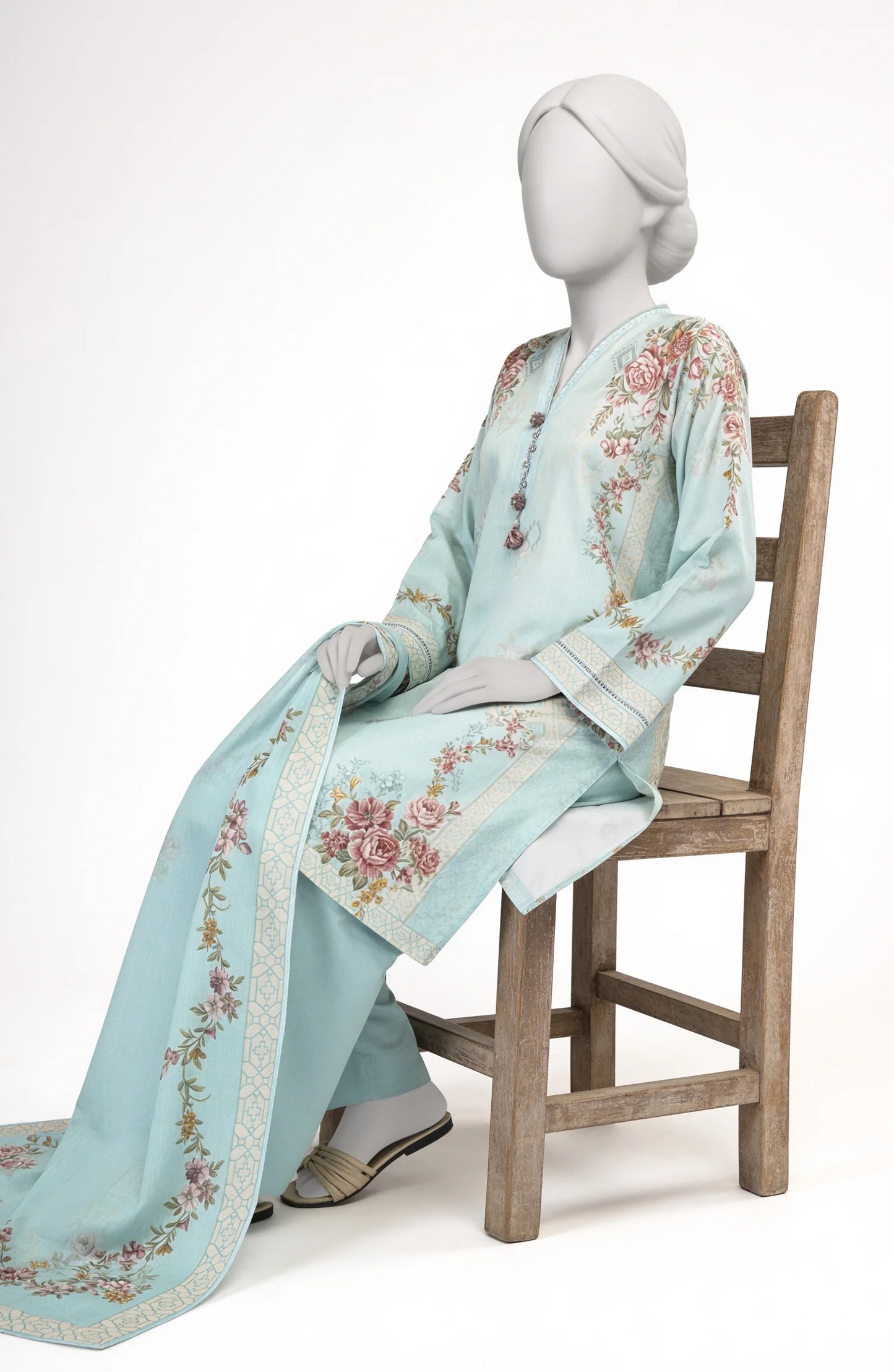 Mtj 3 PIECE PRINTED LAWN SUIT- Sky-Blue (UNSTITCHED)