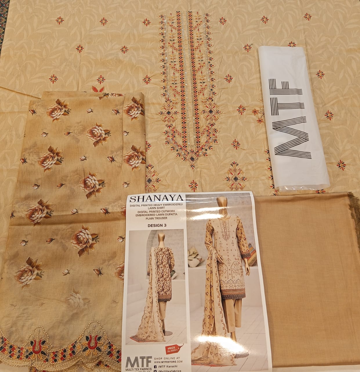 Shanaya By MTF Digital Printed Heavy Embroidered Lawn - Sand