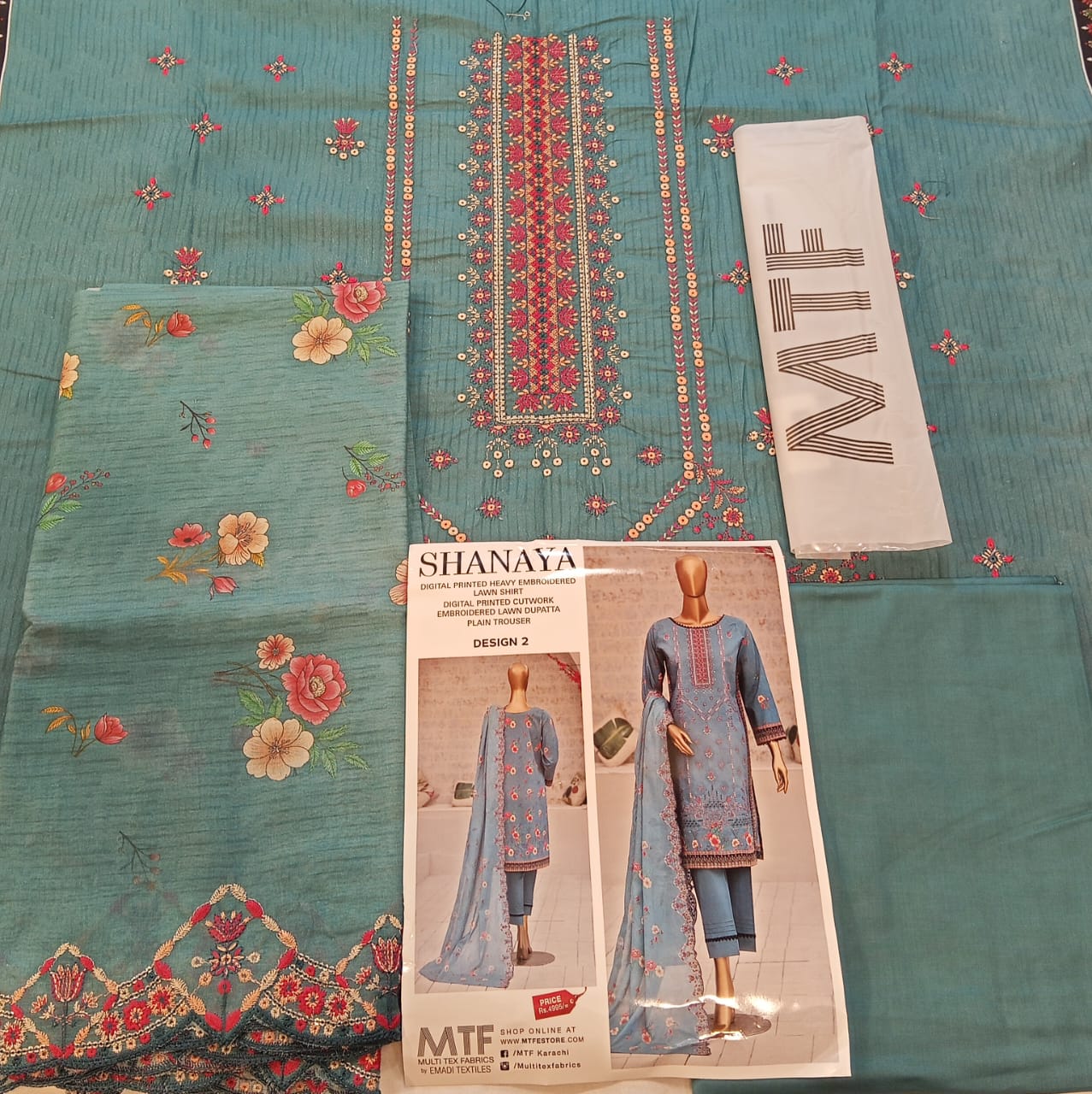 Shanaya By MTF Digital Printed Heavy Embroidered Lawn - Teal Blue