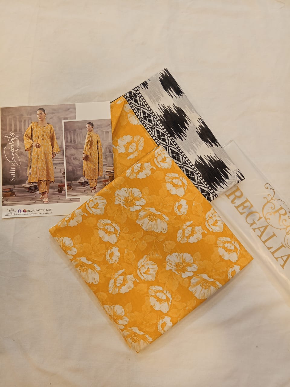 Detailed view of the high-definition print on Yellow Salina Separates Lawn Collection lawn.