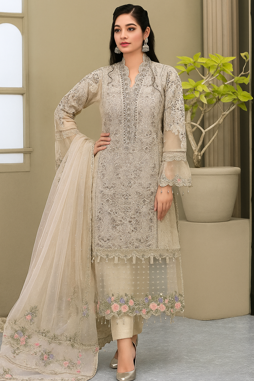 Full front shot of the Maria B Luxury Organza Embroidered Skin replica showcasing the hand-embellished V-neckline and pearl tassels.