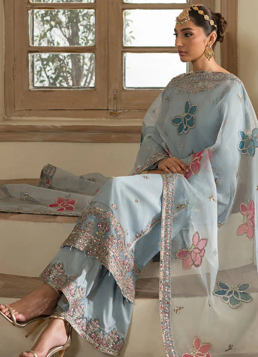 Emaan Adeel Raw Silk Heavy Embroidered 3-Pc - Sky | Replica