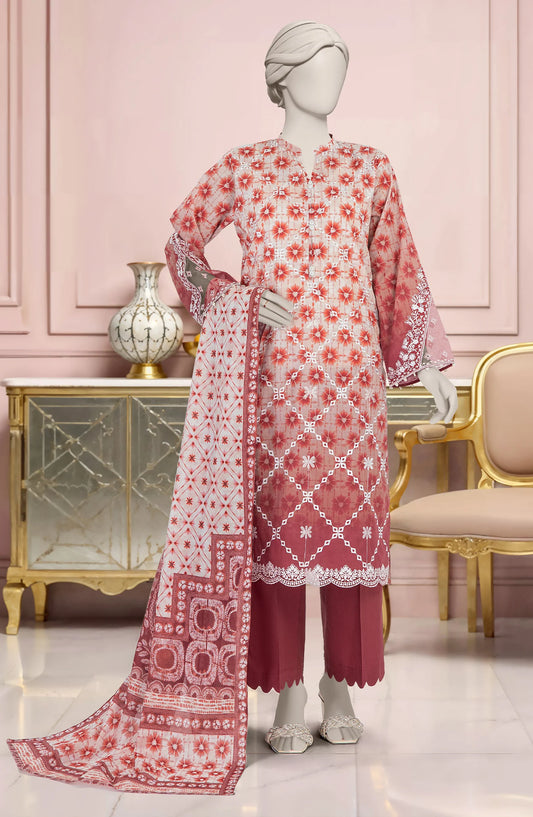 Mtj 3 PIECE PRINTED LAWN SUIT- Red (UNSTITCHED)