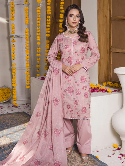 Meeras By MTF Dyed Heavy Embroidered Pima Cotton Lawn - Dusty Rose