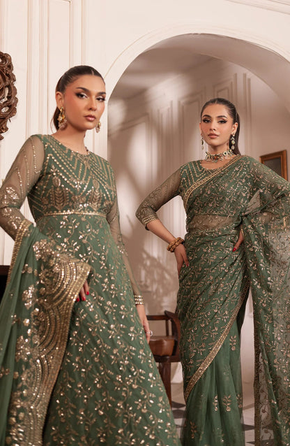 Zarif Embroidered & Hand Embellished Net Saree – Green (Replica)