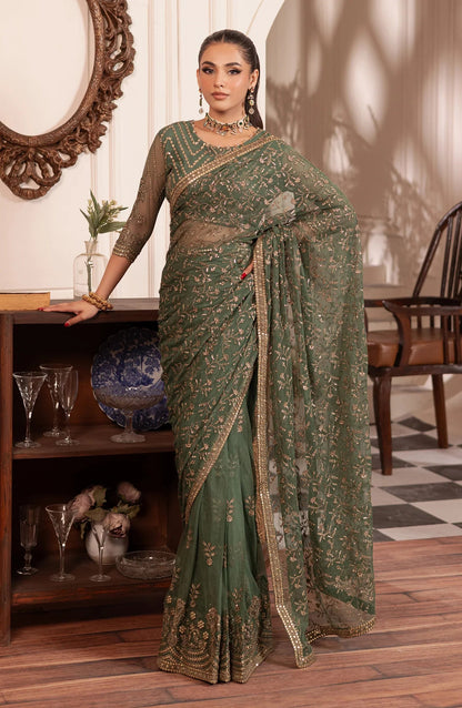 Zarif Embroidered & Hand Embellished Net Saree – Green (Replica)