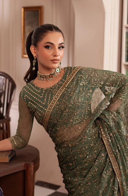 Zarif Embroidered & Hand Embellished Net Saree – Green (Replica)