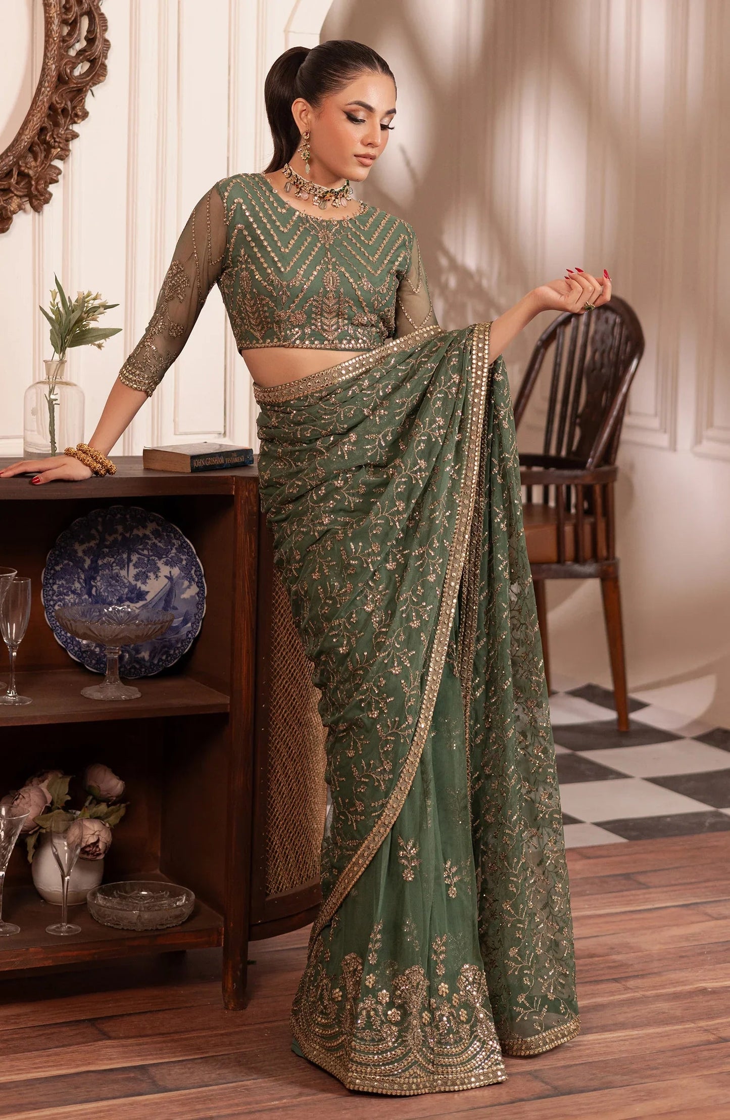Zarif Embroidered & Hand Embellished Net Saree – Green (Replica)