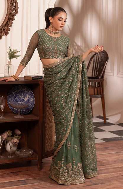 Zarif Embroidered & Hand Embellished Net Saree – Green (Replica)