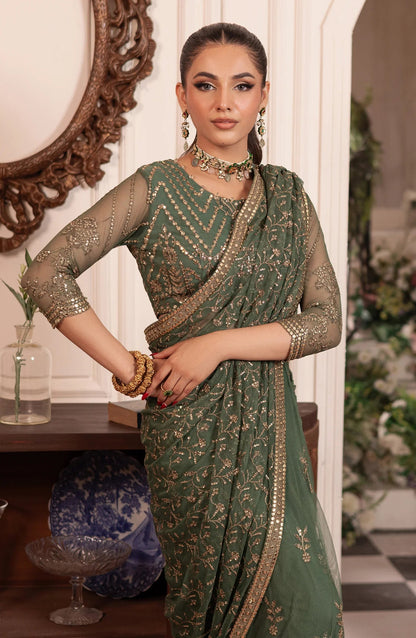 Zarif Embroidered & Hand Embellished Net Saree – Green (Replica)
