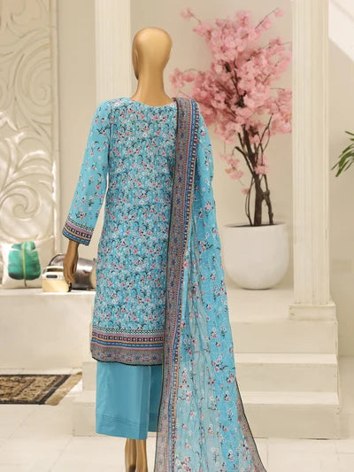 Full front view of the Nora By MTF Laserkari Sky Blue suit showcasing the digital print and laserkari embroidery.