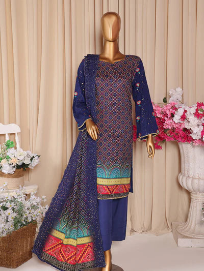 Mtf By Aashi 3pc Unstitched Linen Embroidered - Navy Blue