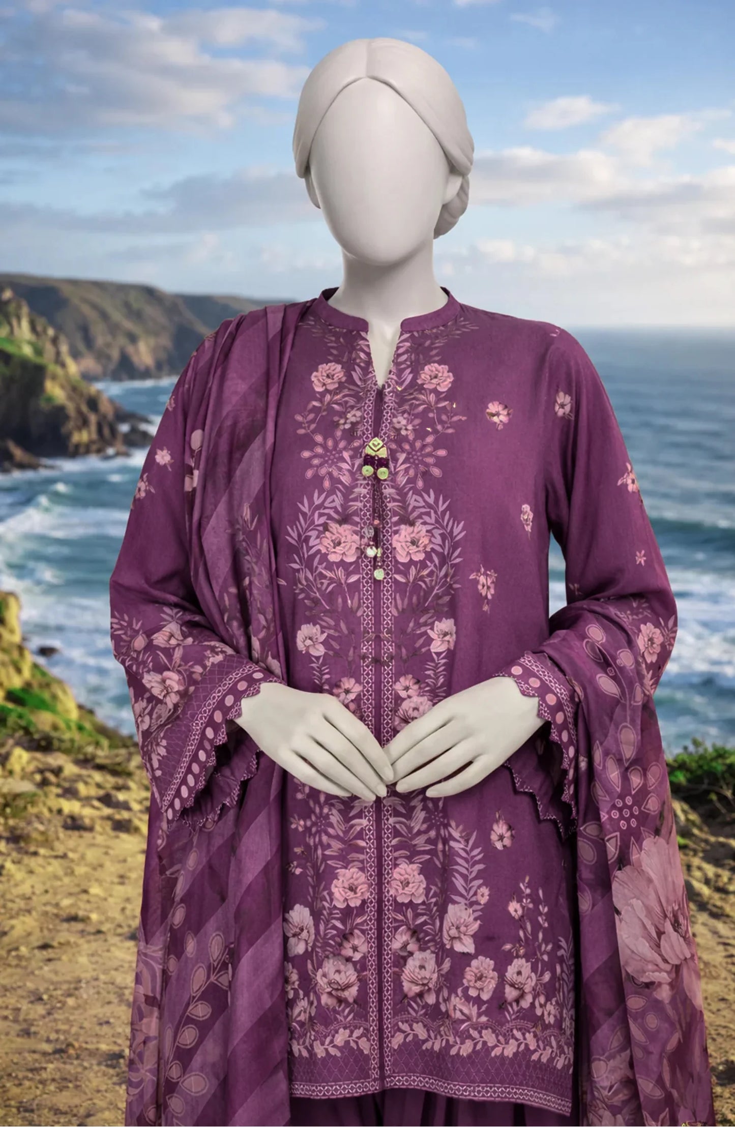 Mtj 3 PIECE PRINTED LAWN SUIT- Magenta (UNSTITCHED)