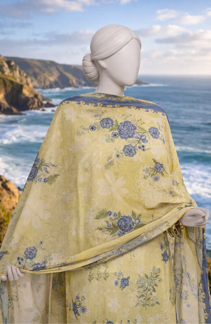 Mtj 3 PIECE PRINTED LAWN SUIT- Yellow (UNSTITCHED)