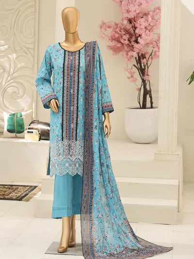 Full front view of the Nora By MTF Laserkari Sky Blue suit showcasing the digital print and laserkari embroidery.
