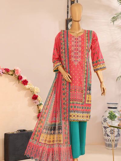 Mtf By Femi 3pc Unstitched Printed Embroidered Lawn - Pale Red