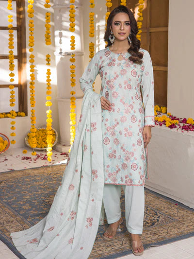 Meeras By MTF Dyed Heavy Embroidered Pima Cotton Lawn - Sky Blue