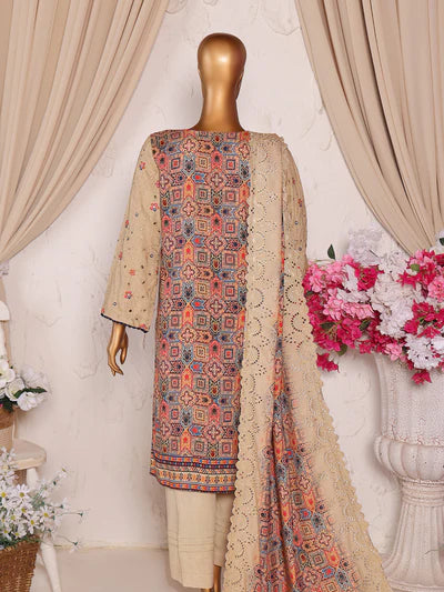 Mtf By Aashi 3pc Unstitched Linen Embroidered - Golden Beige