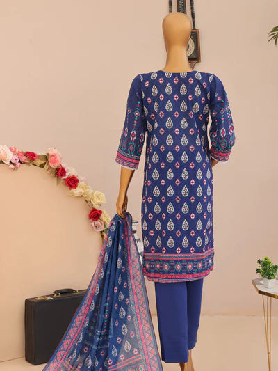 Mtf By Femi 3pc Unstitched Printed Embroidered Lawn - Dark Blue