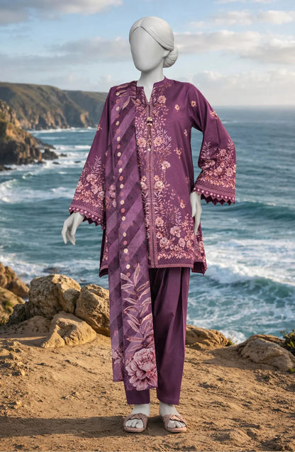 Mtj 3 PIECE PRINTED LAWN SUIT- Magenta (UNSTITCHED)