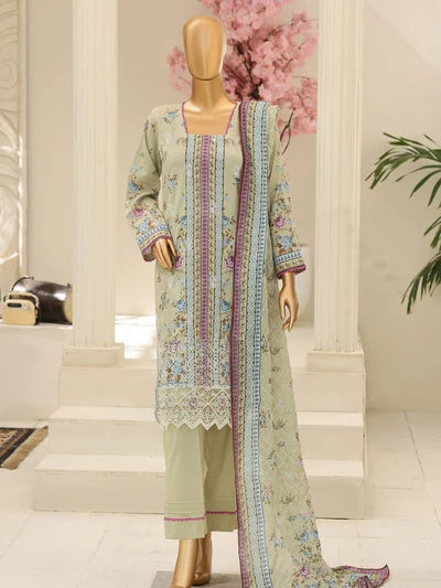 Full front view of the Nora By MTF Laserkari Lemon suit showcasing the digital print and laserkari embroidery.