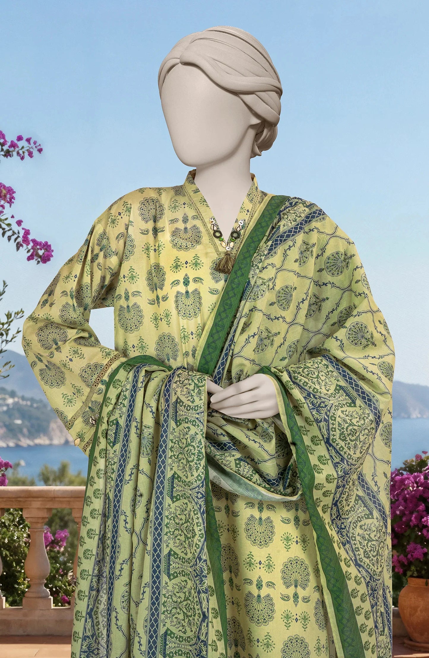 Mtj 3 PIECE PRINTED LAWN SUIT- Beige (UNSTITCHED)