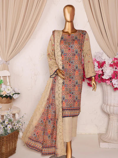Mtf By Aashi 3pc Unstitched Linen Embroidered - Golden Beige