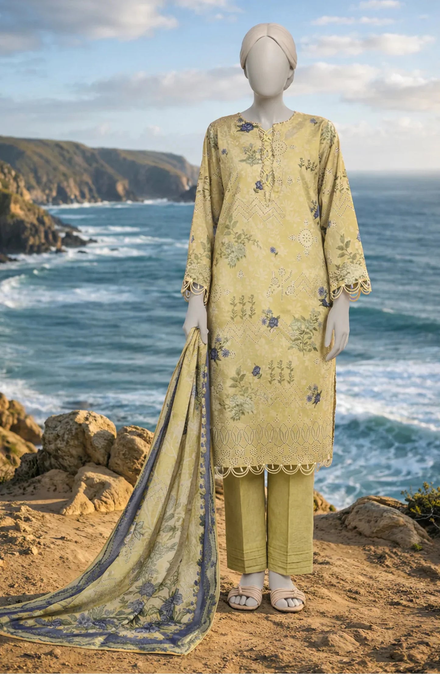 Mtj 3 PIECE PRINTED LAWN SUIT- Yellow (UNSTITCHED)