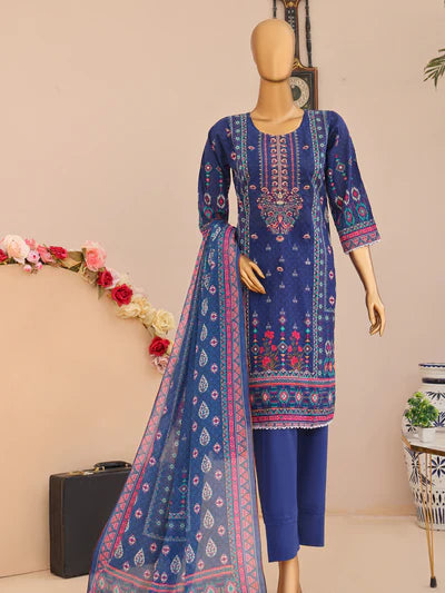 Mtf By Femi 3pc Unstitched Printed Embroidered Lawn - Dark Blue