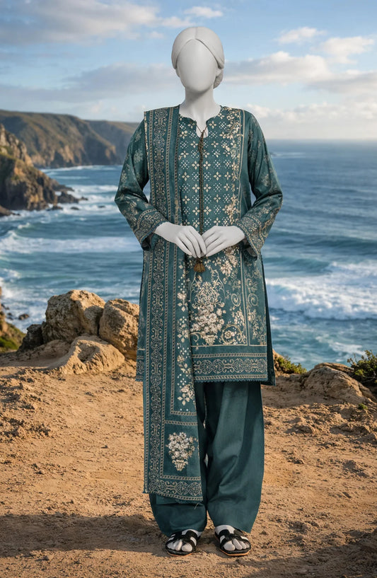 Mtj 3 PIECE PRINTED LAWN SUIT- Teal (UNSTITCHED)