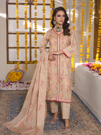 Meeras By MTF Dyed Heavy Embroidered Pima Cotton Lawn - Beige