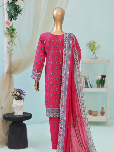 Full front view of the Pareesa By MTF Lawn Pink suit showcasing the digital print and shirt embroidery.
