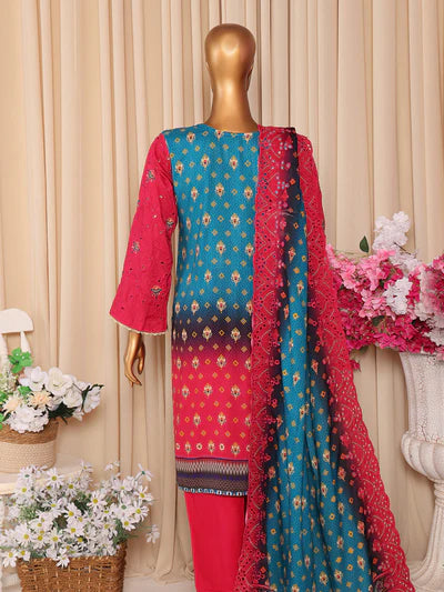 Mtf By Aashi 3pc Unstitched Linen Embroidered - Magenta