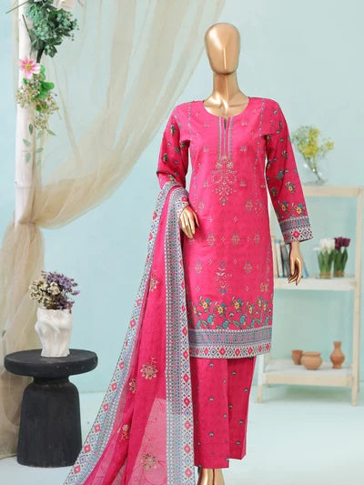 Full front view of the Pareesa By MTF Lawn Pink suit showcasing the digital print and shirt embroidery.